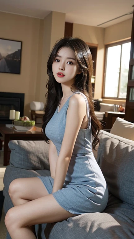 1 Girl,living room,Sitting on the sofa,Soft Light,Chinese Beauty,Tight Fit,dress,Dark-haired,long hair,