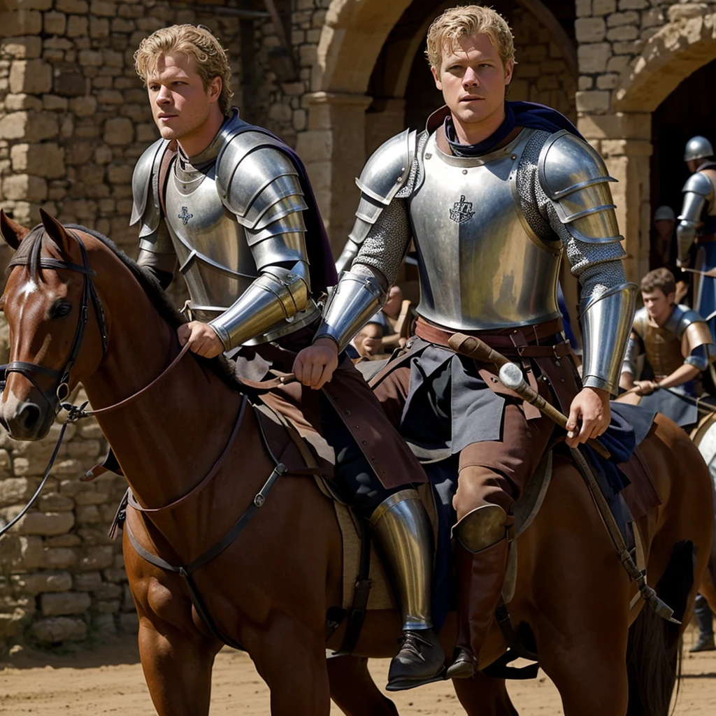 Christopher Egan as a handsome medieval knight, 23 years old, in armor without a helmet. He holds a spear in his hand, sits on a horse. He is participating in a tournament, in the stands spectators in medieval clothes admire him