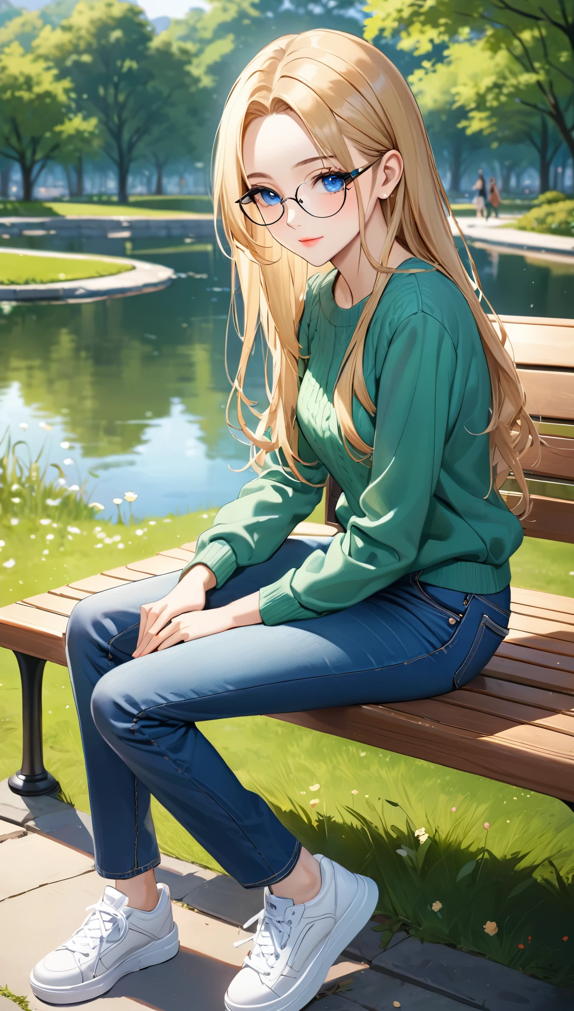 ((best quality, masterpiece:1.3, 8K)), (detailed), highly detailed face and skin texture, detailed eyes, park, pond, bench, full body, seductive pose, sitting, slender body, 1girl, 25 years old, white skin, blue eyes, bright lips, seductive smile, blond hair, straight hair, long hair, (forehead:1.0), blue eyes, reading glasses, green sweater, jeans pants, skinny jeans, blue jeans, white sneakers,