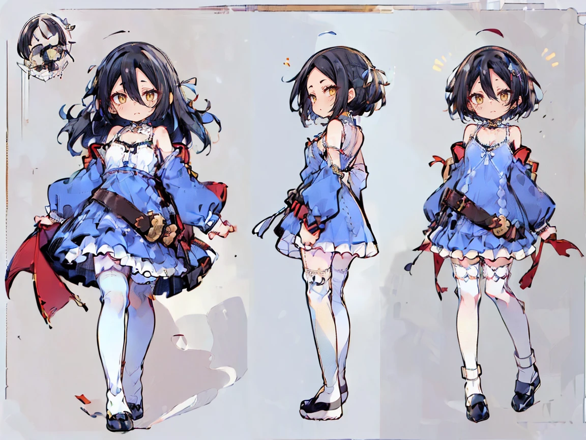 (((three-sided view, front view, side view, back view, multiple views, multiple poses and expressions, many parts)), concept art, character concept art, character sheet, Full body, illustration, (simple background, gray background), 1 character, 1girl, fantasy art:1.1), (hui xiyi:0.7), rekkyo sensen, rekkyou sensen, girls with((black hair, bangs, (one side up, long wavy hair, ribbon:1.55), perfect hands, perfect fingers, (exposed breasts, tits cleavage, breasts close up:1.2), dress((suspenders, dress, belt, nun:1.15), (blue clothes, frills shirt, (white knit sweater:1.25), (camisole and camisole dress and frills dress and frills skirt, wind blowing dress:1.35), long sleeves, (white legwear:1.55), thighhighs, single thighhighs, single legwear, black footwear, strap shoes:1.42))