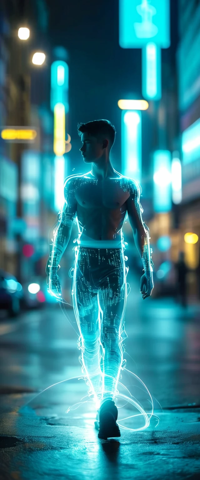 gradient siver and cyan light painting. Afterimage.city boy walking,side view,side face, Long exposure.Panning shot. halo bokeh. City street. Walking people. 3D rendering. Cinematic lighting,hyper detail