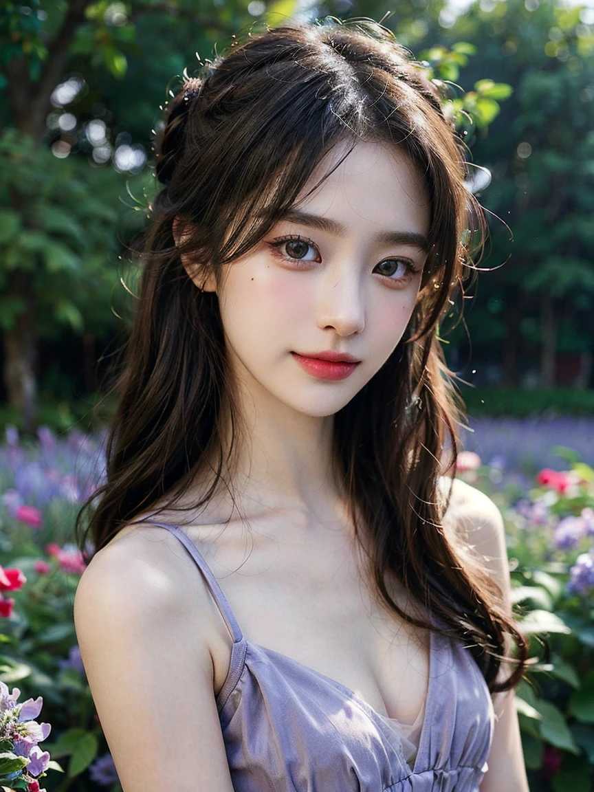 1girl, (looking at viewer:1.2), detail face, (a girl standing, rending on cgsociety, Lavender garden backdrop), romanticism, atmospheric, (RAW photo, best quality), (realistic, photo-realistic:1.3), masterpiece, an extremely delicate and beautiful, extremely detailed, D cup，Cleavage，Translucent brown tube top1.5）Hair in a bun，Small and delicate earrings，Exquisite eye details，Charming smile 1.5