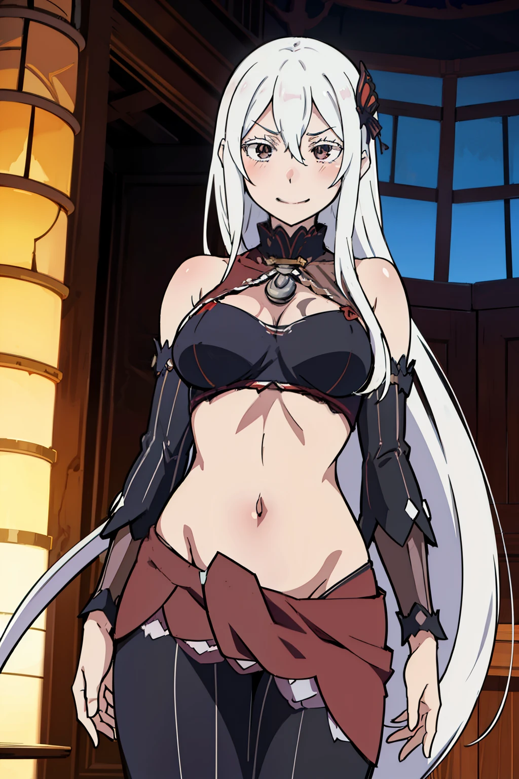 echidna, brown eyes, medium breasts, (colored eyelashes:1.1), evil smile, blush, lipstick, masterpiece, best quality, highly detailed, fantasy , a anime girls in armored dress holding a sword
posing for a picture, evil smile, smile, open mouth, breastplate with open cleavage, cleavage, warrior
outfit, ecchi anime style, anime girls, ecchi style, (nsfw) not safe for work, ecchi, digital anime art!!, in
anime style, official artwork, visual novel cg, beautiful anime girl, anime style 4 k , loincloth, exposed
belly, exposed navel, exposed midriff, exposed lower belly, pencil skirt armored, castle,inside castle