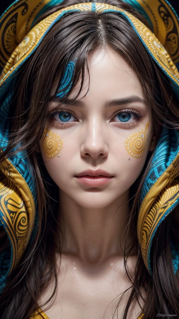 A captivating and vibrant portrait of a woman, her face adorned with intricate patterns and swirls of blue, orange, and yellow, creating an abstract, fluid representation. Her intense gaze is directed towards the viewer, while her dark hair flows gracefully around her face and shoulders. The background artfully combines warm and cool tones, enhancing the striking contrast and depth of the portrait.