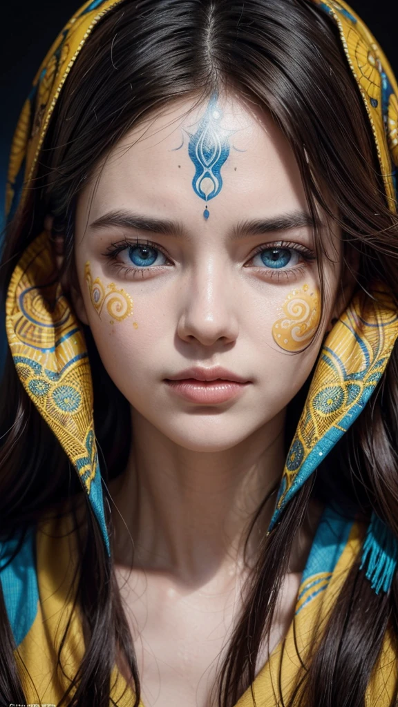 A captivating and vibrant portrait of a woman, her face adorned with intricate patterns and swirls of blue, orange, and yellow, creating an abstract, fluid representation. Her intense gaze is directed towards the viewer, while her dark hair flows gracefully around her face and shoulders. The background artfully combines warm and cool tones, enhancing the striking contrast and depth of the portrait.