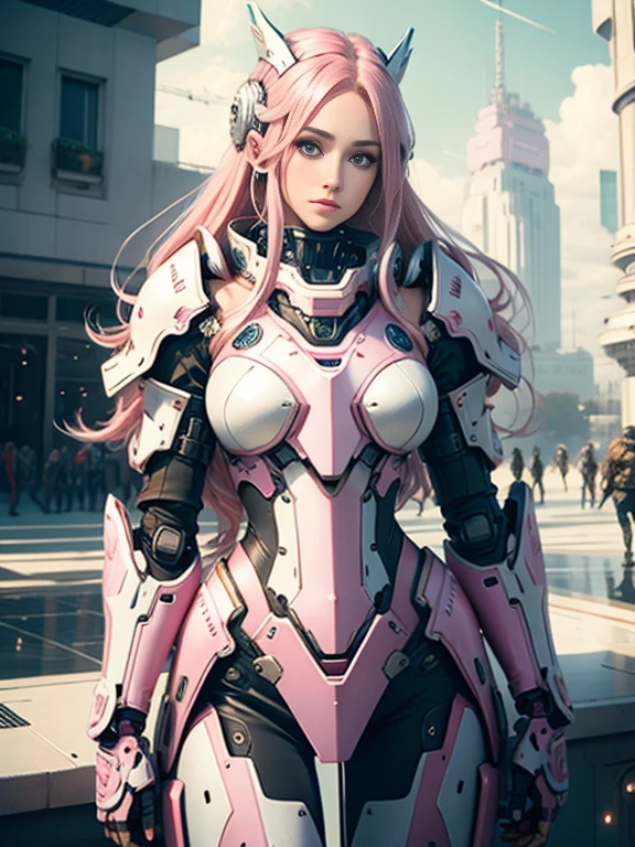 Photorealistic image ((Masterpiece)), ((high quality)) UHD 8K, of a beautiful girl, slim and realistic mecha transforming Robot, (medium chest), (skinny waist), (long pink hair), (pink eyes), ((Hyper-realistic mecha armor, with pink metal and intricate ice pink lights)), (in combat position, in a futuristic ship, science fiction)