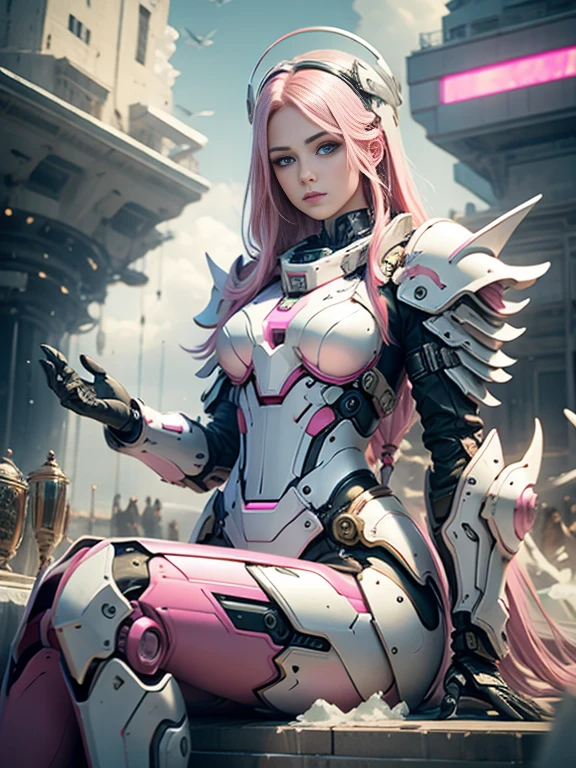 Photorealistic image ((Masterpiece)), ((high quality)) UHD 8K, of a beautiful girl, slim and realistic mecha transforming Robot, (medium chest), (skinny waist), (long pink hair), (pink eyes), ((Hyper-realistic mecha armor, with pink metal and intricate ice pink lights)), (in combat position, in a futuristic ship, science fiction)