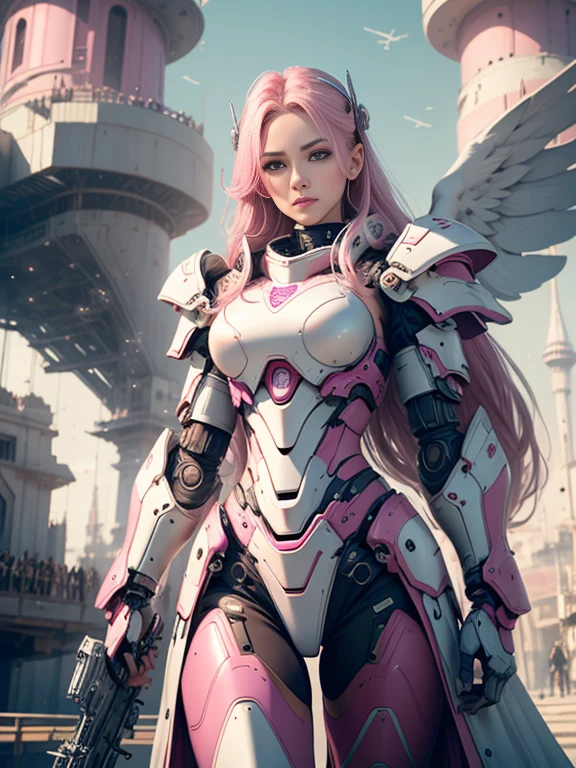 Photorealistic image ((Masterpiece)), ((high quality)) UHD 8K, of a beautiful girl, slim and realistic mecha transforming Robot, (medium chest), (skinny waist), (long pink hair), (pink eyes), ((Hyper-realistic mecha armor, with pink metal and intricate ice pink lights)), (in combat position, in a futuristic ship, science fiction)