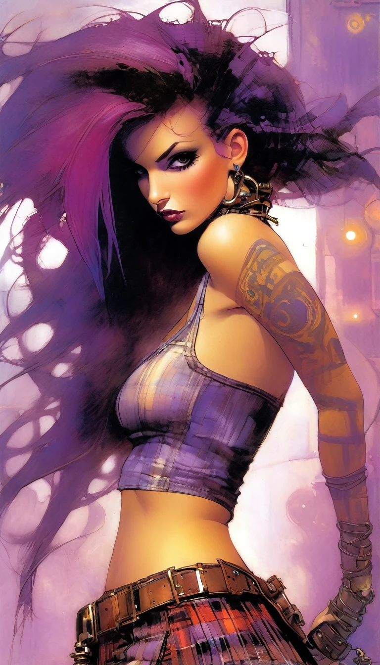 steampunk world. 1.5, Sexy girl, long purple hair, plaid miniskirt, belt rope, small breasts, tight tank top, art inspired by Bill Sienkiewicz