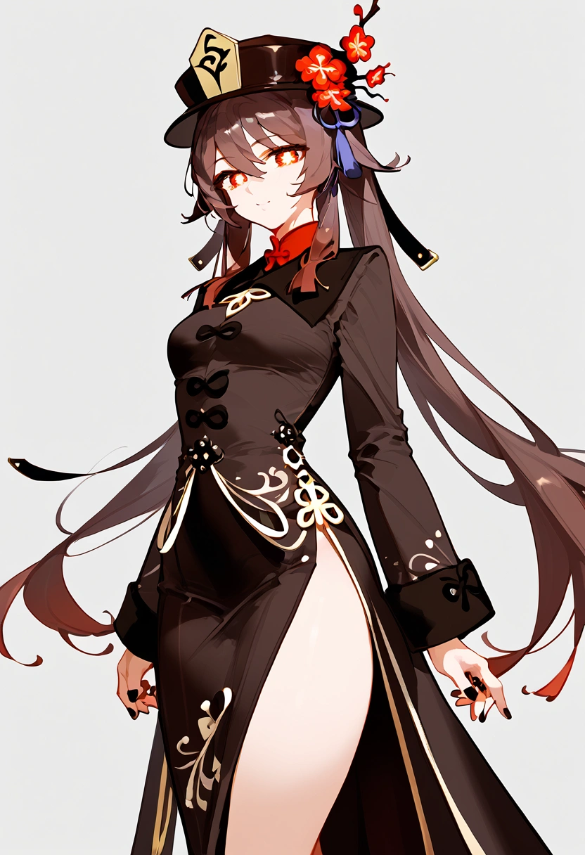 anime artwork, score_9, score_8_up, score_7_up, score_6_up, score_5_up, score_4_up, hu tao, she is 24 years old, style_3, gray background, , , , , _,solo,