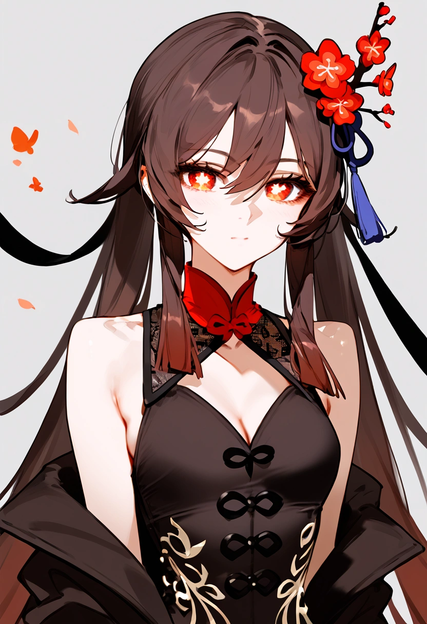 anime artwork, score_9, score_8_up, score_7_up, score_6_up, score_5_up, score_4_up, hu tao, she is 24 years old, style_3, black background, , , , , _, fake cat ears,, smile, solo, cat lingerie