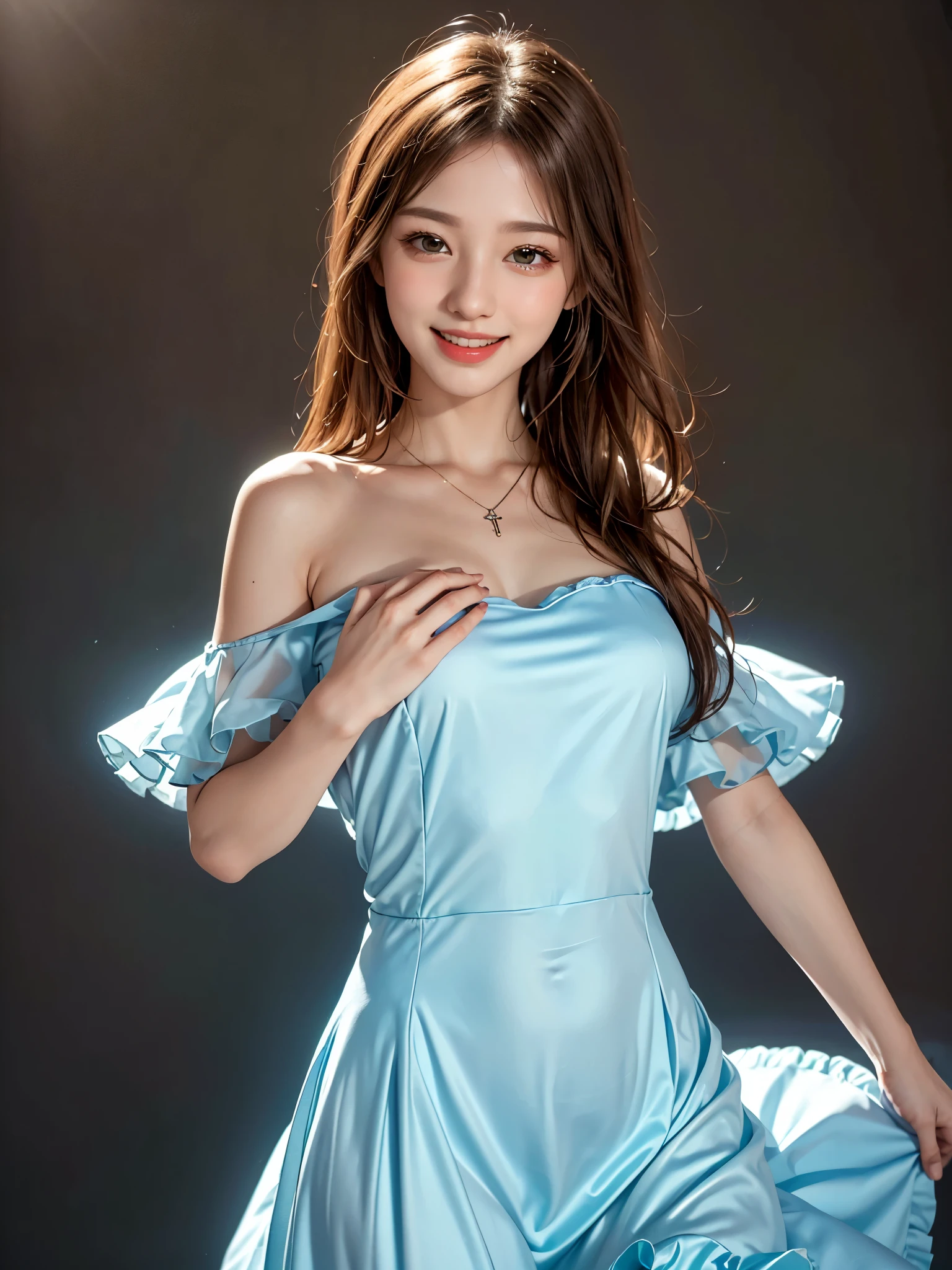 It has many layers of ruffles、Gothic Dress、She is wearing a long skirt dress with super detailed, super high definition, flashy and extravagant layers of frills., Highest quality, masterpiece, Ultra-high resolution, (Realistic:1.4), RAW Photos, One Girl, In the Dark, Spotlight light, Deep Shadow, Moderate, whole body, 20-year-old, Cute face, Open your mouth、Look at this and laugh、smile、Cute pose