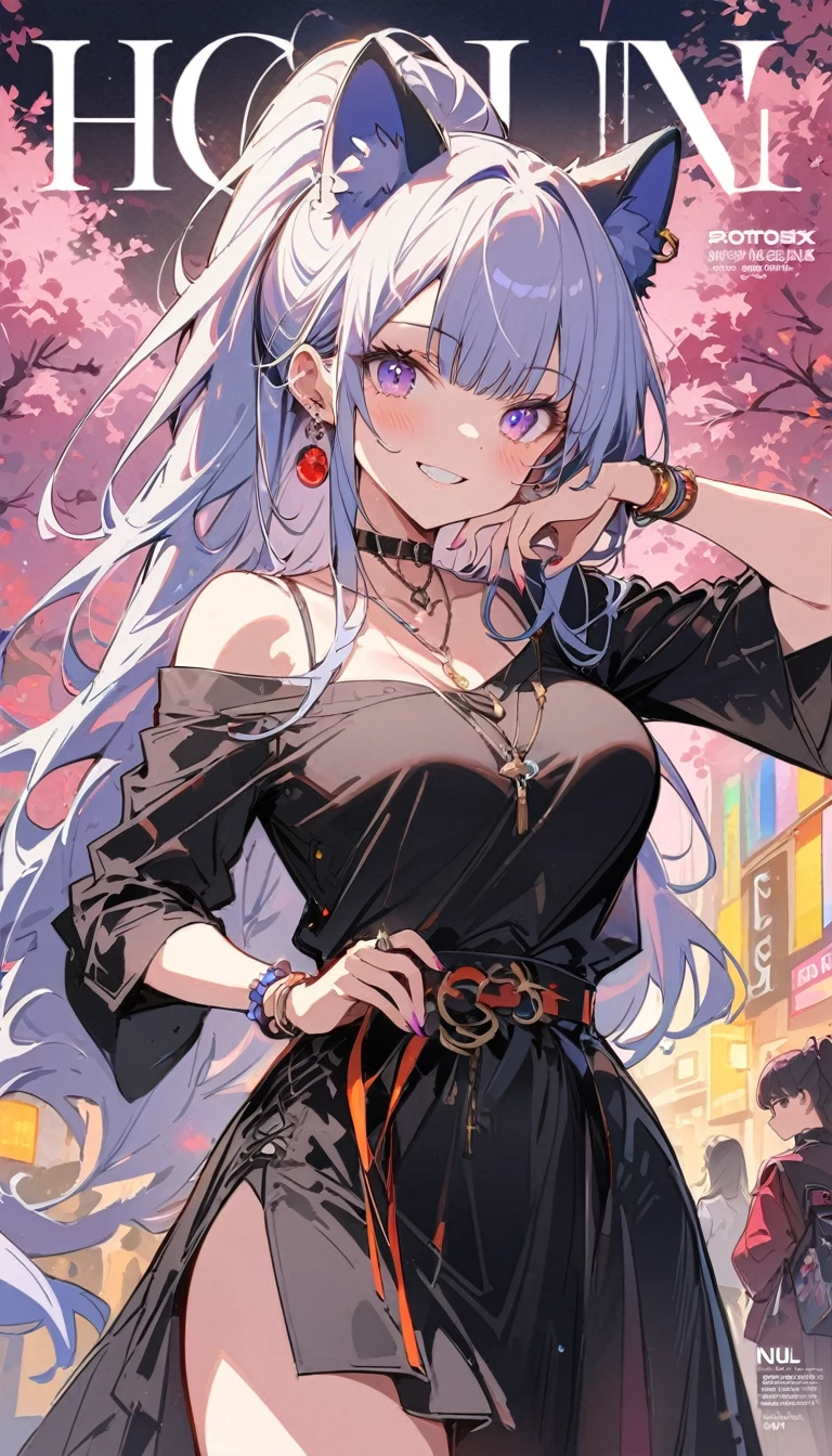 masterpiece, Highest quality, whole body, One girl, bangs, black choker,  blush, bracelet, chest, choker, clothes The surrounding area waist, clavicle,  Cowboy Shot,  ear Earrings, Eyebrows visible through hair, Gradient Hair, Grin, fix, jewelry, Kogal, Long Hair, View Viewer, Earrings,   Red eyes, ring, ,  smile, alone, street, null, cherry blossoms, petal,figure, (magazine:1.3), (cover-style:1.3), fashionable, woman, Vibrant,  Pause, front, colorful, dynamic, background, element, have confidence, Performance, Holding, statement, accessories, Majestic, Coiled, The surrounding area, touch, scene, article, cover, bold, to attract attention, title, stylish, font, Catchy, Heading, big, impressive, Modern, trend, concentrated, fashion,((masterpiece)), Highest quality, Absurd, Super detailed, Holographic, Cowboy Shot, ダイナミックなPause, Golden Ratio, Very cute girl, Mature Girls, Very beautiful, Super beautiful asian girl with super beautiful purple eyes, Very beautiful white hair, Shiny skin, High Ponytail, nice and sexy body, Slim and delicate body, Perfect body,  Cute Panties, Fox Headset, Get your picture taken in a cute alien spaceship,naked,Big Breasts,Sexy