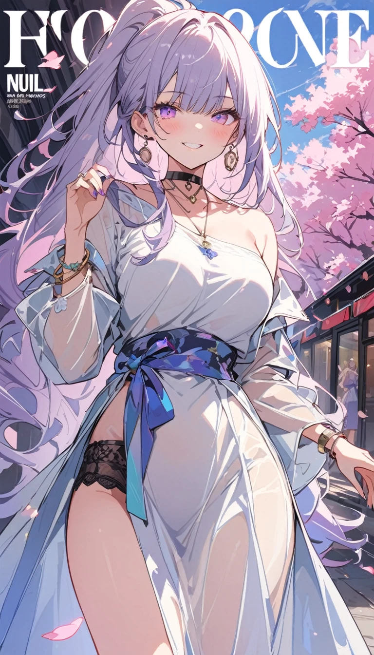 masterpiece, Highest quality, whole body, One girl, bangs, black choker,  blush, bracelet, chest, choker, clothes The surrounding area waist, clavicle,  Cowboy Shot,  ear Earrings, Eyebrows visible through hair, Gradient Hair, Grin, fix, jewelry, Kogal, Long Hair, View Viewer, Earrings,   Red eyes, ring, ,  smile, alone, street, null, cherry blossoms, petal,figure, (magazine:1.3), (cover-style:1.3), fashionable, woman, Vibrant,  Pause, front, colorful, dynamic, background, element, have confidence, Performance, Holding, statement, accessories, Majestic, Coiled, The surrounding area, touch, scene, article, cover, bold, to attract attention, title, stylish, font, Catchy, Heading, big, impressive, Modern, trend, concentrated, fashion,((masterpiece)), Highest quality, Absurd, Super detailed, Holographic, Cowboy Shot, ダイナミックなPause, Golden Ratio, Very cute girl, Mature Girls, Very beautiful, Super beautiful asian girl with super beautiful purple eyes, Very beautiful white hair, Shiny skin, High Ponytail, nice and sexy body, Slim and delicate body, Perfect body,  Cute Panties, Fox Headset, Get your picture taken in a cute alien spaceship,naked,Big Breasts,Sexy