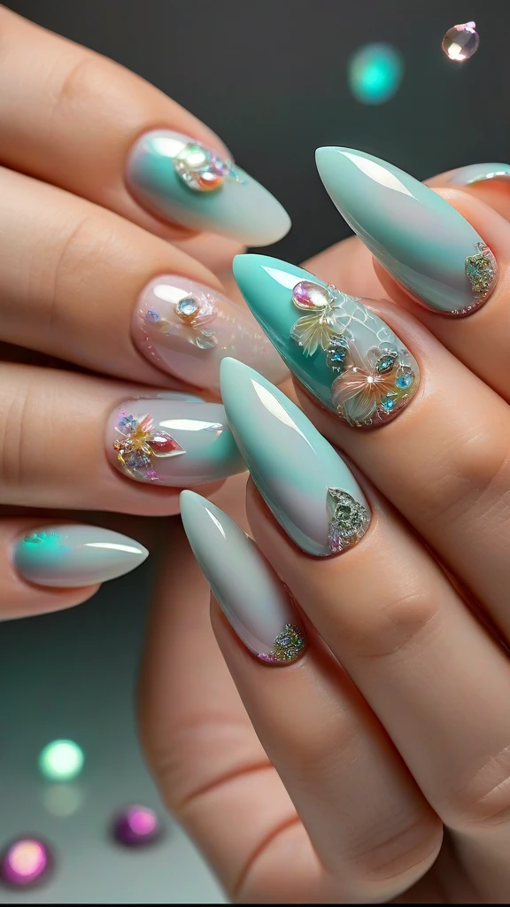 colorful detailed nails, intricate nail art, multiple nail designs, shiny metallic nails, neon glitter nails, holographic nail polish, 3d nail decorations, gemstone embellished nails, abstract nail art patterns, vibrant ombre nails, (best quality,4k,8k,highres,masterpiece:1.2), ultra-detailed, (realistic,photorealistic,photo-realistic:1.37), macro photography, studio lighting, professional nail salon