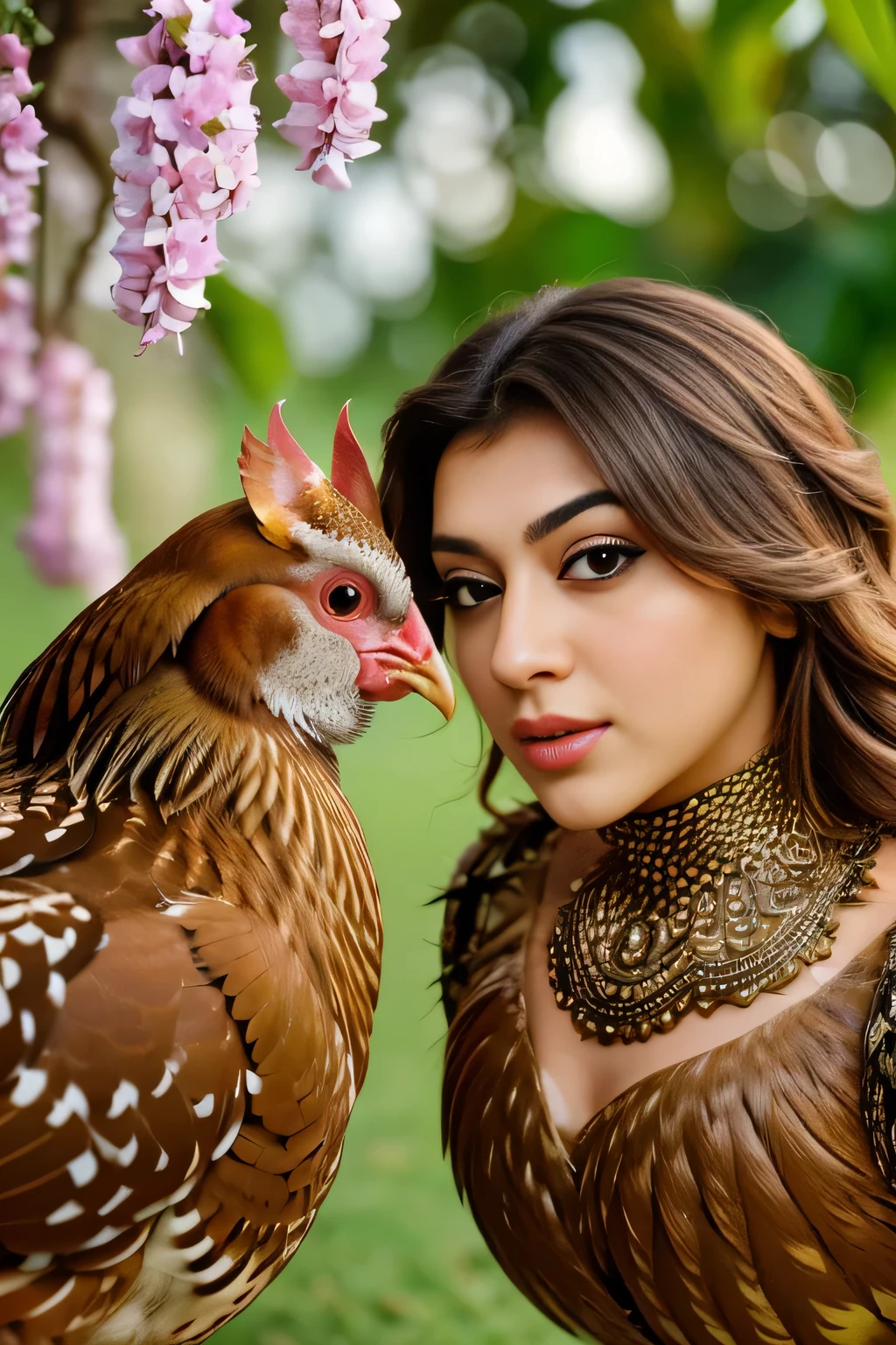 Hansika Motwani is a hen bird, She is a bird but her head looks like girl, from neck to full body looks like hen bird. Hen legs, hen wings. Bird body, hen body, perfect picture, perfect bird, real bird, Real head replace with real hen head. Exact Bird. Colorful hen.