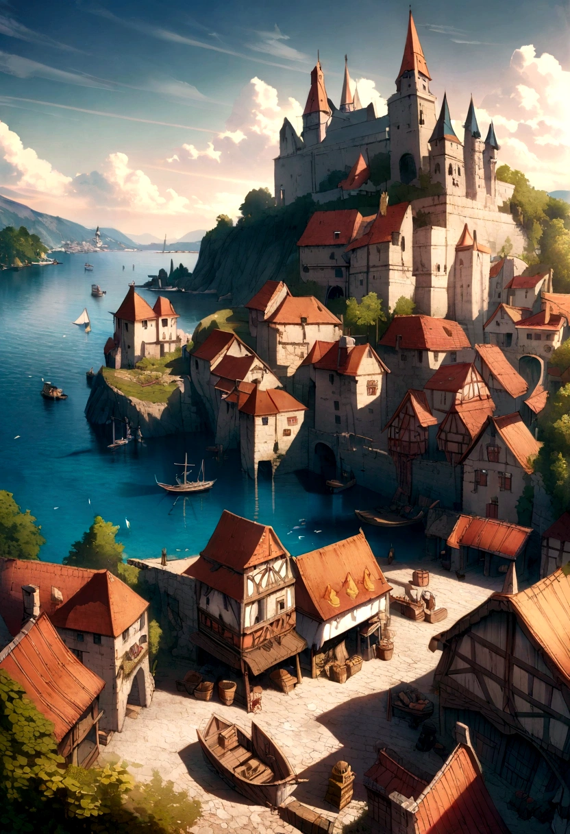 Small village, high-fantasy, medieval, hyper detailed, very aesthetic, near sea, port of goods