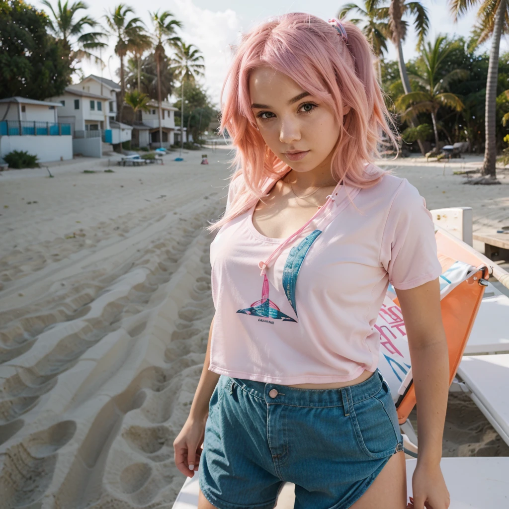  girl, pink hair, swimsuit, beach, palms