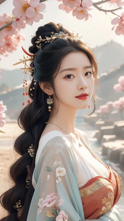 highly detailed, 8K, masterpiece, full-body shot，Facing the camera，1 girl, Black hair, nude, Smile, (perfect_Face), boundary, close up, crazy,, Gorgeous, complicated, Dramatic Lighting, 4K, detailed, Caustic lines, Half Body,  Huge breasts 1.5，Deep cleavage，Transparent woven Hanfu，Exquisite ancient hair accessories、Necklace and Earrings，Standing under the peach tree in full bloom，Flowers all around。