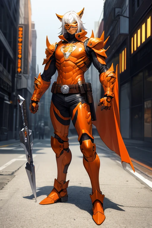 ((best quality)), ((masterpiece)), (detailed), 1 man, full body, 54 years old, senior citizen, masked, eye mask, orange mask that covers half of his face, spiked mask, evil smile, metallic goblin ears, cat eyes, glasses, somewhat long white hair coming out of the top, face, brown neck, tall, very thin, hunched over, metal claws like blades, spikes on his forearms, brown details, brown fingerless gloves, orange wristbands, orange nanotech suit that resembles light armor, orange chest with an emblem, high shoulder pads, orange suit with brown stripes, brown stripes, triangle emblem on his chest, orange emblem, orange pants, orange knee pads, metallic orange boots, metallic orange shoes, brown superhero belt, standing on a building, city background, anime