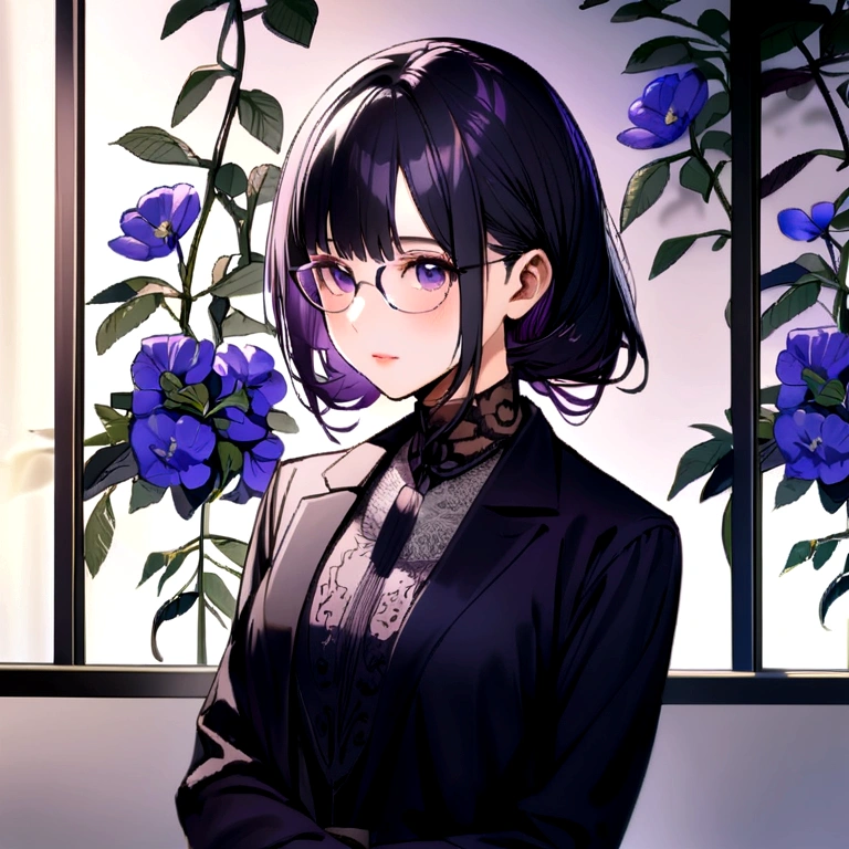 Purple and black hair girl and glasses