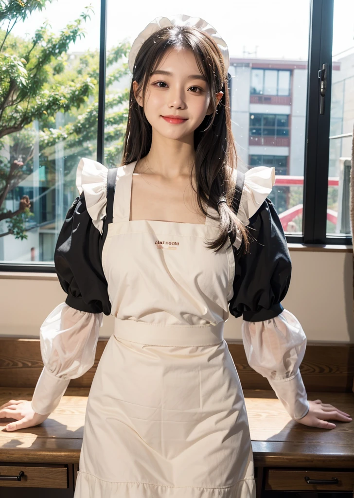 One Girl, apron, black dress, blush, jewelry, Juliet Sleeve, Long sleeve, Maid, Maid apron, Maidの頭飾り, Puffy sleeves, White apron, window, slim、thin、日本woman, smile, 23 years old,woman,Brown long straight hair,Wet body,Perfect body,Trained abdominal muscles,Shiny skin,Highest quality,日本のwoman一人,