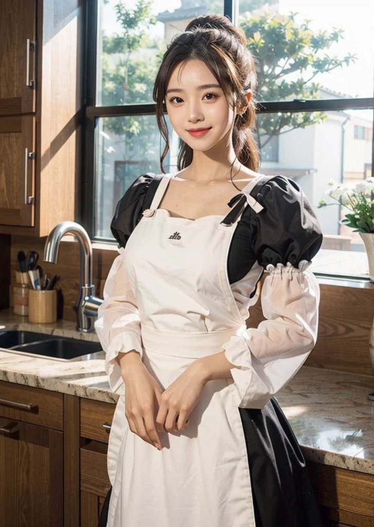 One Girl, apron, black dress, blush,  jewelry, Juliet Sleeve, Long sleeve, Maid, Maid apron, Maidの頭飾り, Puffy sleeves,  White apron, window,  slim、thin、日本woman, smile, 23 years old,woman,Brown long straight hair,Wet body,Perfect body,Trained abdominal muscles,Shiny skin,Highest quality,日本のwoman一人,