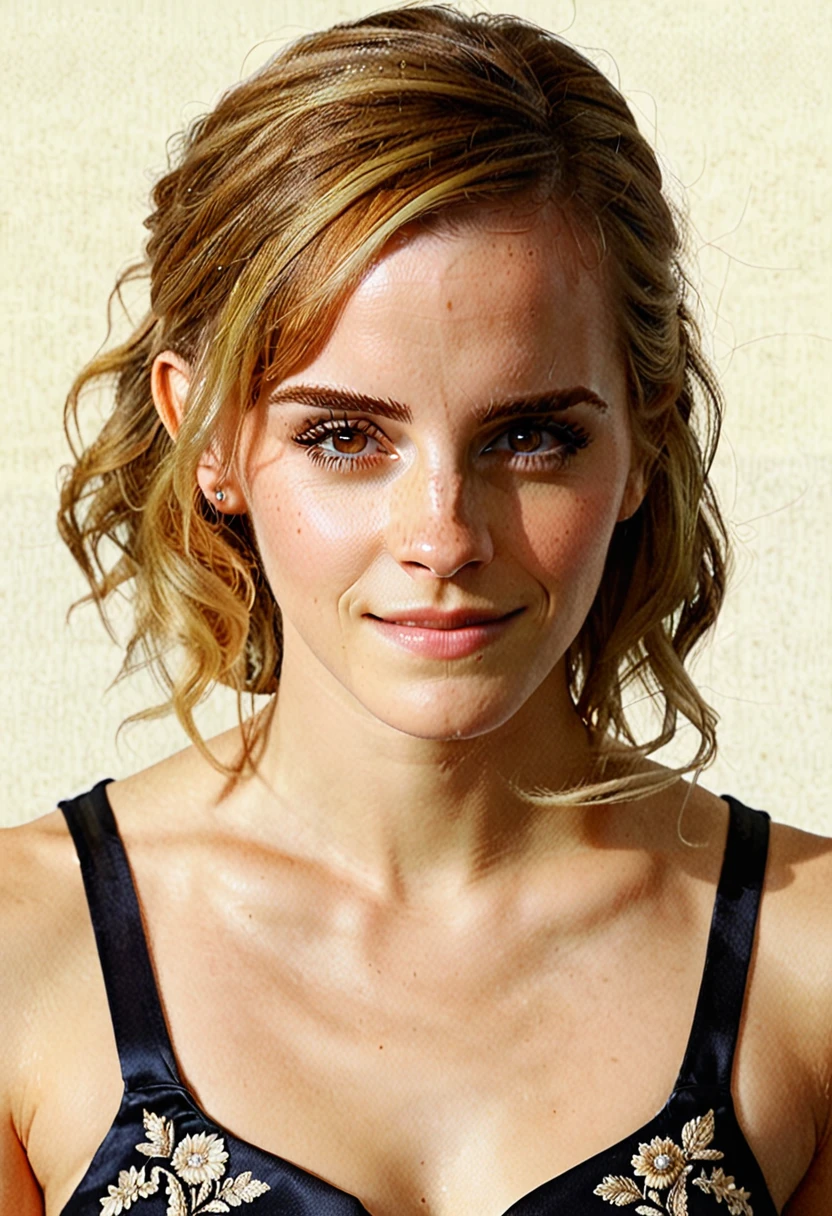 hyperdetailed photography of Emma Watson, long white blonde messi hair, happy, laughing, eyes open, perfect eyes, vintage style, masterpiece, best quality,highly detailed, very detailed skin texture,  (looking at viewer:1.4), full body,  blank background, 
 