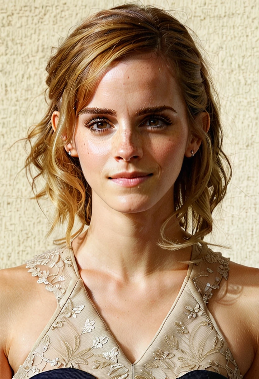 hyperdetailed photography of Emma Watson, long white blonde messi hair, happy, laughing, eyes open, perfect eyes, vintage style, masterpiece, best quality,highly detailed, very detailed skin texture,  (looking at viewer:1.4), full body,  blank background, 
 