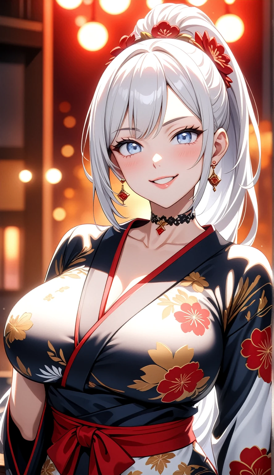 ((One personの女性)), Beautiful Face, (Laughing embarrassedly), (seductive smile:1.4), ((Wink:1.9)), (head tilt:1.3), Laugh with your mouth wide open, upper teeth, looking down at viewer, ((Bright red cheeks:1.4)),Glossy Red Lips,rooftop, firework, Glossy red lips, Shining Face, ((Anime style background)),masterpiece, Highest quality, so beautiful,up to date, Complex details, (Pink long nails),(ring),(bracelet),(Floral choker),AI-generated, Complex,High resolution, Highest quality, super high quality,3D Images、3D Images,One person,Long white hair,High Ponytail, Anime woman posing for a photo,(blue eyes), ((Fine grain、Silvery white, lightly pigmented eyes、Shining Eyes:1.3)), (Squint your eyes:1.1),a hyperRealistic , hyperRealistic , Realistic,Anime woman with long white hair, Smooth anime CG art, A woman in a colorful kimono with gold embroidery, (Black long sleeve kimono),Red floral pattern,Long flower hair ornament,Earrings,Mature Body,(Big Breasts:1.1),Tall,Abdominal muscles,Tight waist,(Zoom up to face:1.4), (front view),