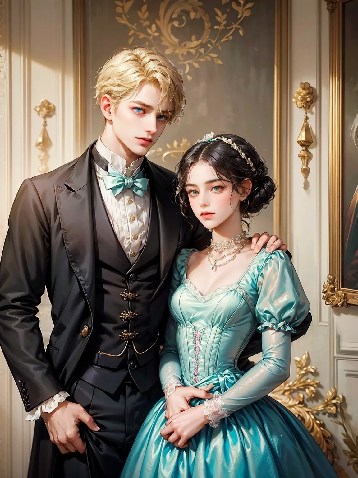 The girl has small breast. She wears a low-cut dress. She pink victorian era dress, sleeveless. She wears a necklace. She wears white gloves. The boy hugs her