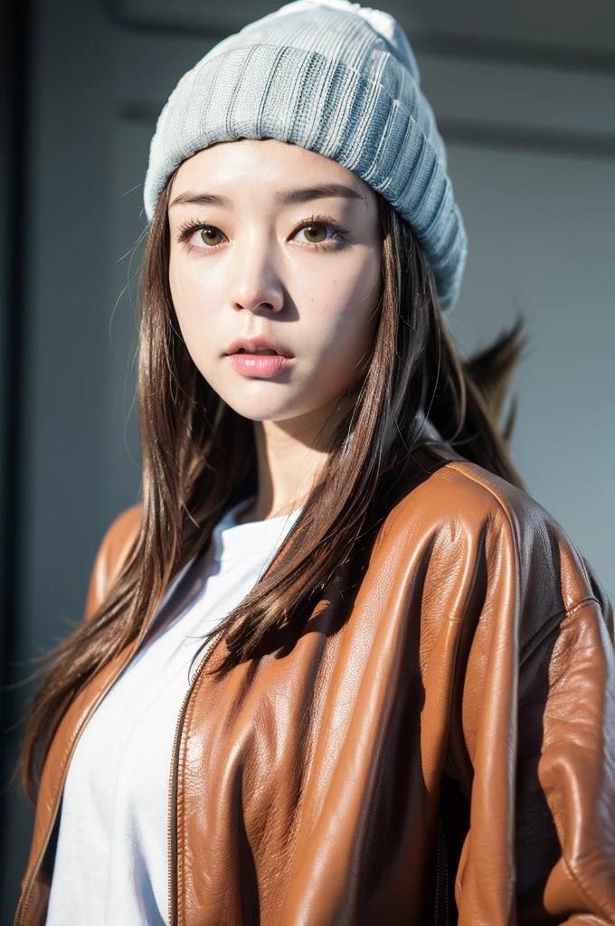 (
(8k:1.27), best quality, masterpiece, ultra highres:1.2) Photo of Pretty Japanese woman
(beautiful:1.1) (sci-fi warrior woman:1.1) space soldier, (beanie:1.61) (leather jacket:1.21) intricate elegant, fantasy, detailed, ometric by greg rutkowski and alphonse mucha, gradient lighting, sportswear