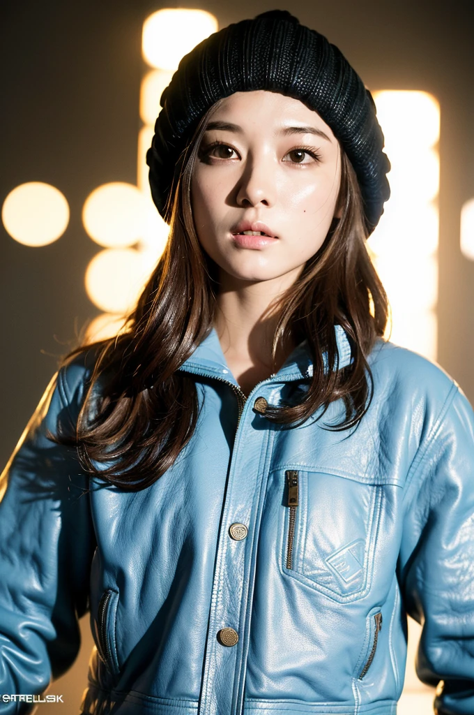 (
(8k:1.27), best quality, masterpiece, ultra highres:1.2) Photo of Pretty Japanese woman
(beautiful:1.1) (sci-fi warrior woman:1.1) space soldier, (beanie:1.61) (leather jacket:1.21) intricate elegant, fantasy, detailed, ometric by greg rutkowski and alphonse mucha, gradient lighting, sportswear