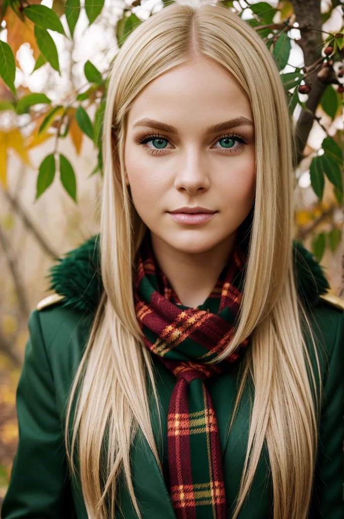 Draw a realistic version of Bianca, a young woman with straight, medium-length blonde hair and a fringe covering her forehead. She has a golden leaf hair accessory on the right side of her hair. Bianca has large green eyes with a curious and gentle expression. Her face is pale with delicate features, including a small nose and thin lips. She is wearing a red plaid scarf and a green coat with a faux fur lining on the collar. Underneath, she appears to be wearing a black shirt. The background should be pink with a delicate pattern of leaves and branches surrounding the character.
