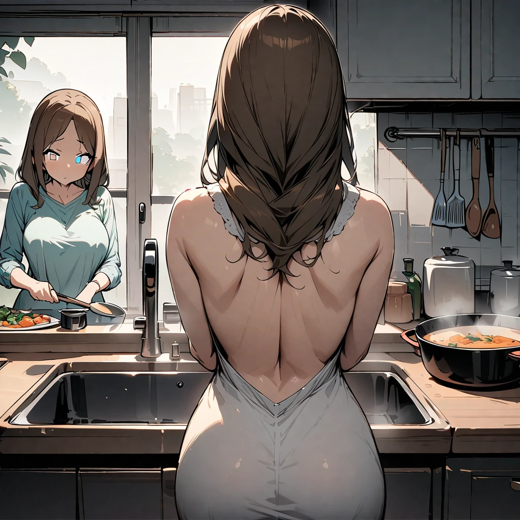 sole girl, MILF, housewife cooking in the kitchen, stand in front of the sink, turn her back on camera, detailed background, detailed arms, very long brown hair, high resolution, (symmetrical clear eyes:1.2), sense of depth, 16k, best quality, masterpiece, detailed illustration