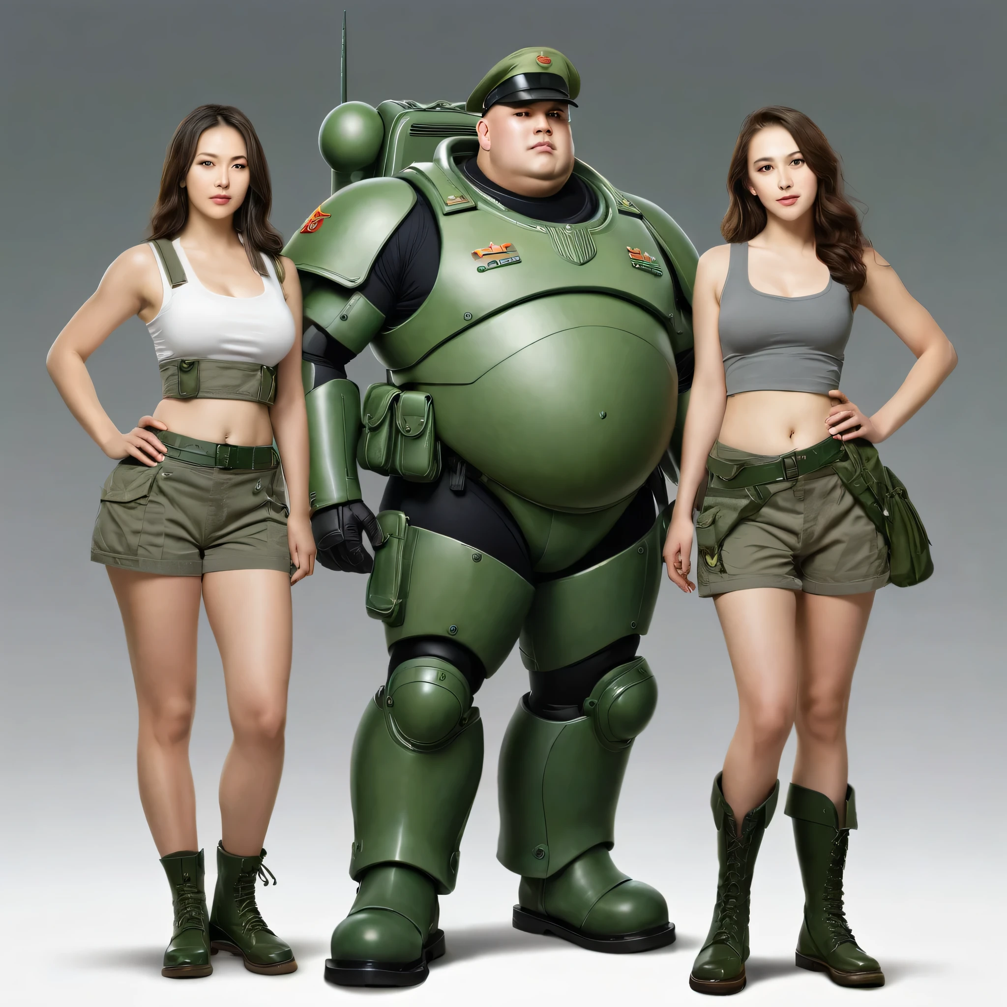full-length portrait of a Swarm-era (Sa'arm War) Marine, 2.01 m tall, weighing 113 kg, wearing green Fatigues, green kepi and combat boots. he is flanked on either side by two normal-sized female concubines, one is 1,53 m (50 kg) and the other 1.62 m (55 kg) white women, both well-endowed and looking to be in their early twenties, dressed in grey sleeveless shapeless smocks reaching down to the hips, bare legs and flip-flop sandals