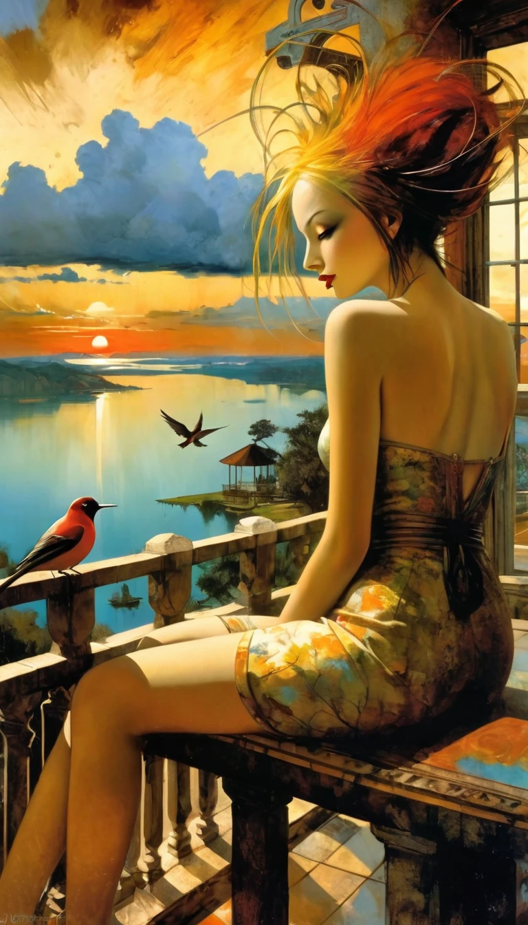 large open terrace overlooking a beautiful lake with dream houses, a sexy girl relaxes on the terrace, landscape, clouds, birds, sunset (art inspired by Bill Sienkiewicz). oil painting) (best quality,4k,8k,highres,masterpiece:1.2),ultra-detailed,(realistic,photorealistic,photo-realistic:1.37),intricate details,vivid colors,sharp focus,professional,Dave McKean artwork, oil touch of surrealism,oil painting style
