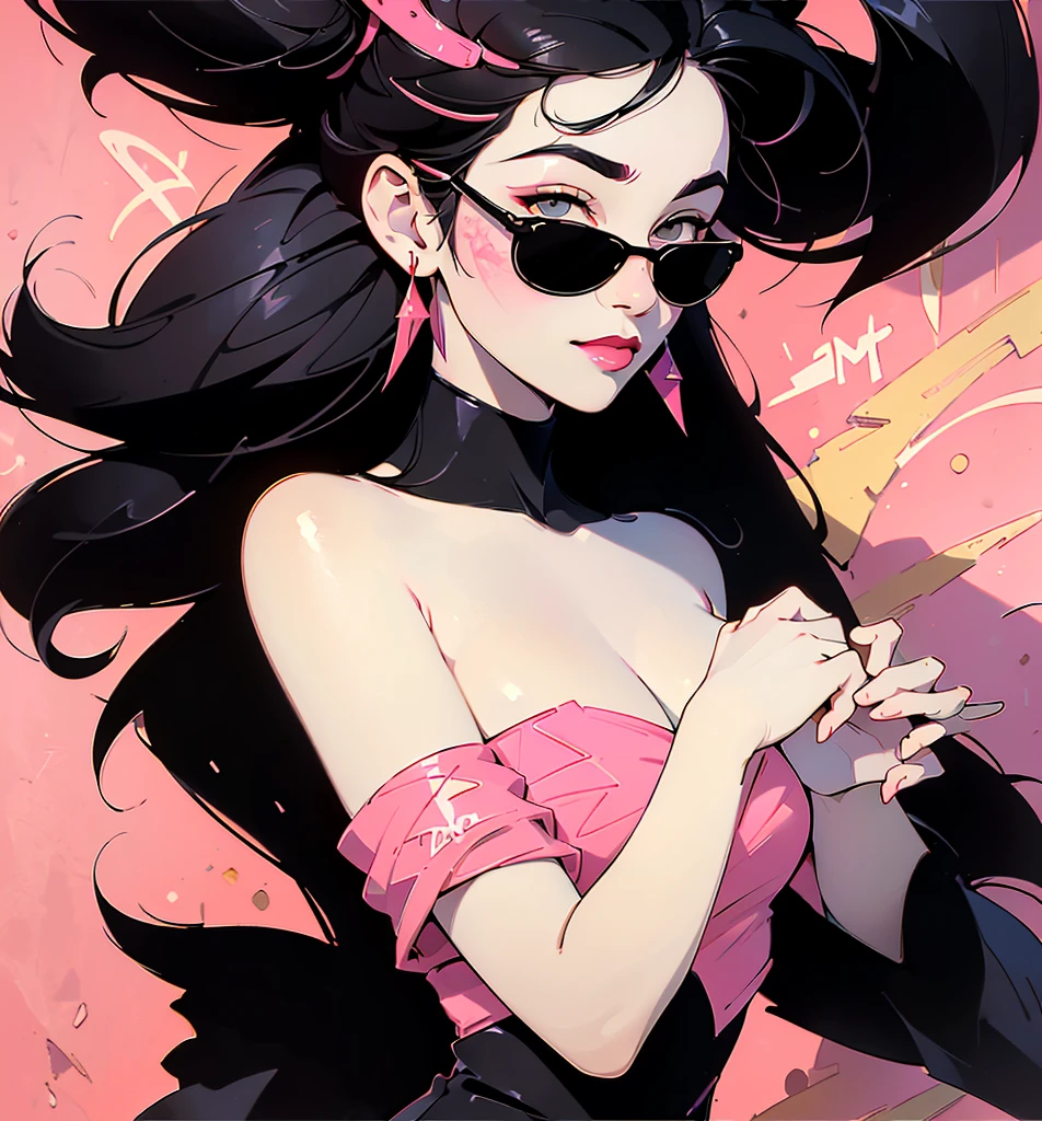 ((Lisa Black Pink)) in a dress standing in front of simple background, up close, ((Art style by Patrick Nagel)), ((8k, wallpaper, detailed)), dark sunglasses, korean pop-star, gorgeous smile, black hair, pretty hands, fringe, simple red background, palm trees, (graffiti wall:1.2), strong, courageous, art by Patrick Nagel, album art cover