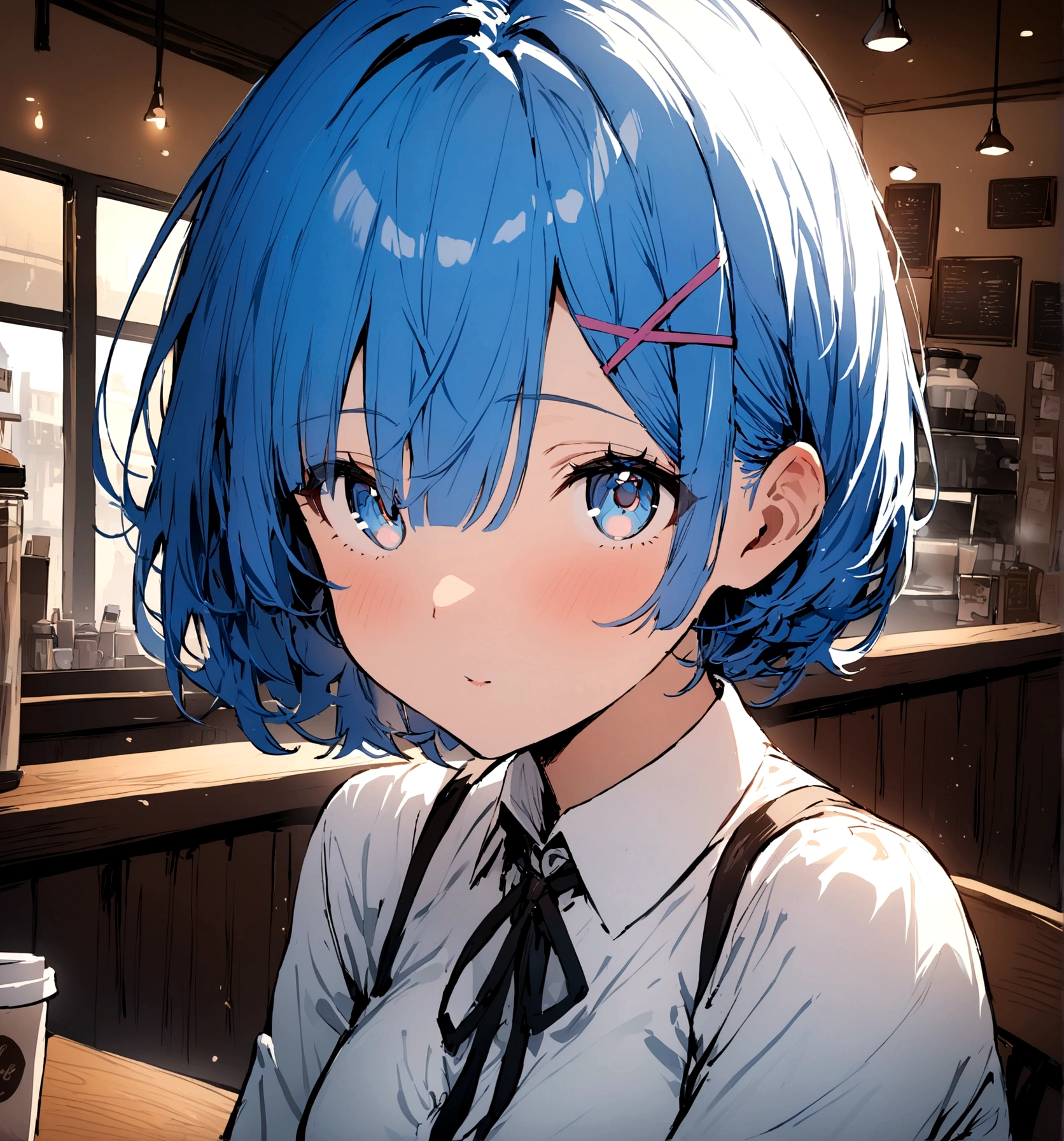 masterpiece, Highest quality, Rem, One Girl,,Beautiful Eyes,Blue Hair,Upper Body,Inside the coffee shop,White collar shirt,Looking at me