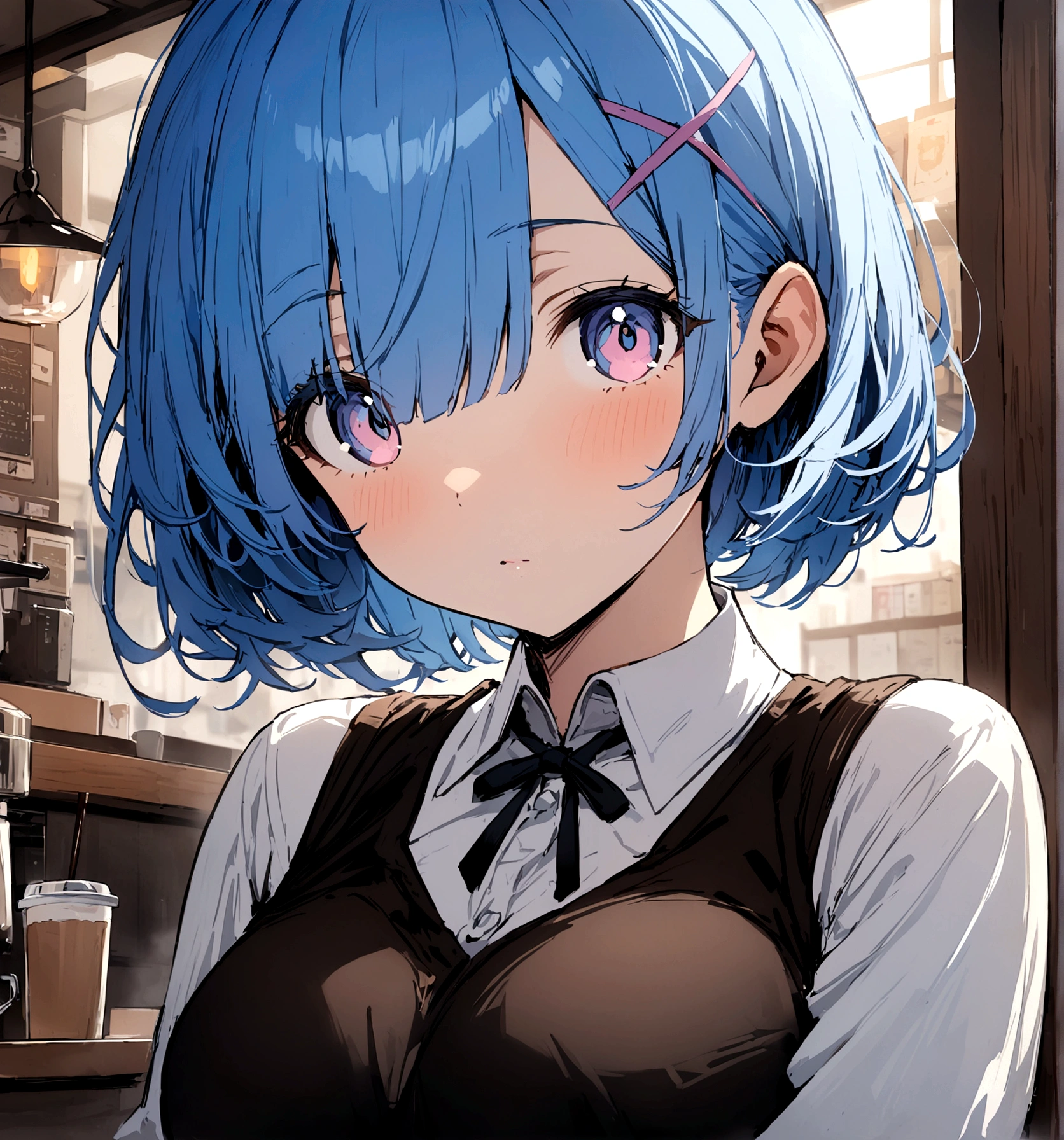 masterpiece, Highest quality, Rem, One Girl,,Beautiful Eyes,Blue Hair,Upper Body,Inside the coffee shop,White collar shirt,Looking at me