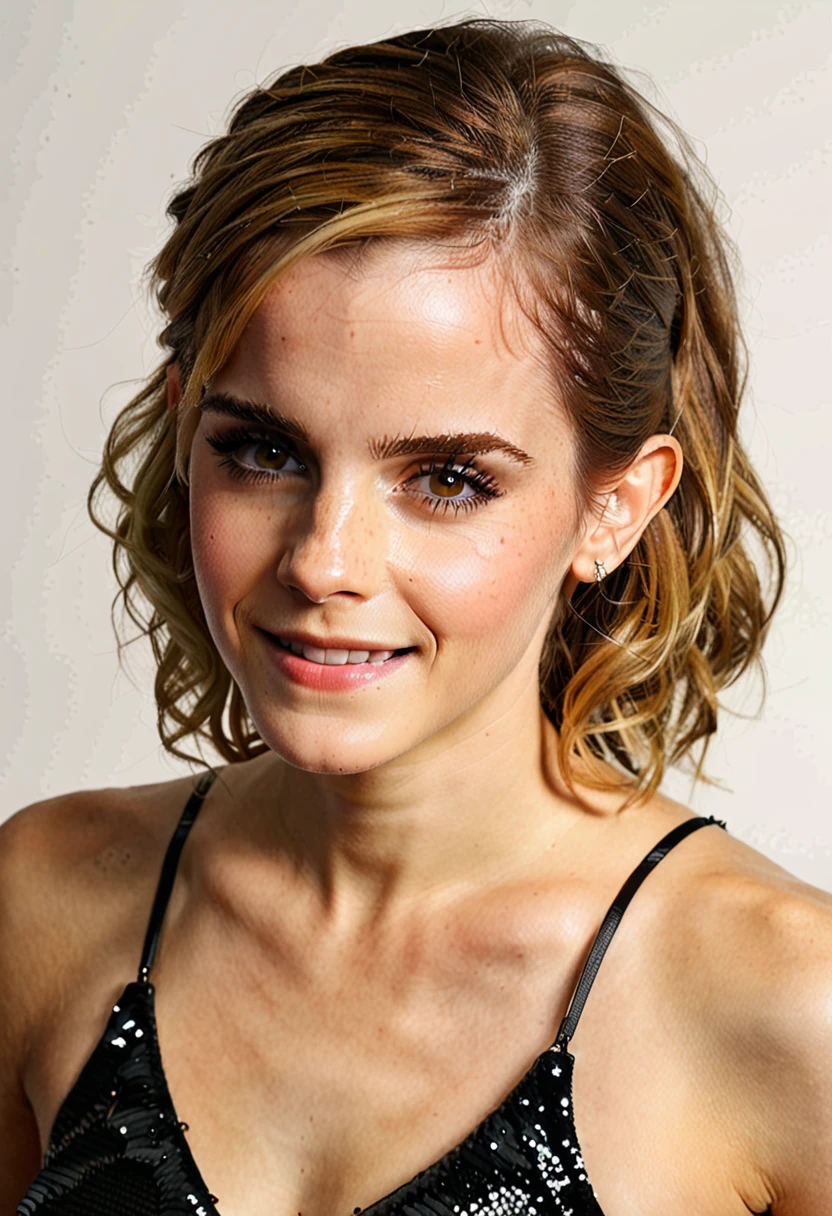 hyperdetailed sexy photography of Emma Watson, long white blonde messi hair, happy, laughing, eyes open, perfect eyes, vintage style, masterpiece, best quality,highly detailed, very detailed skin texture, (looking at viewer:1.4), full body, blank background,