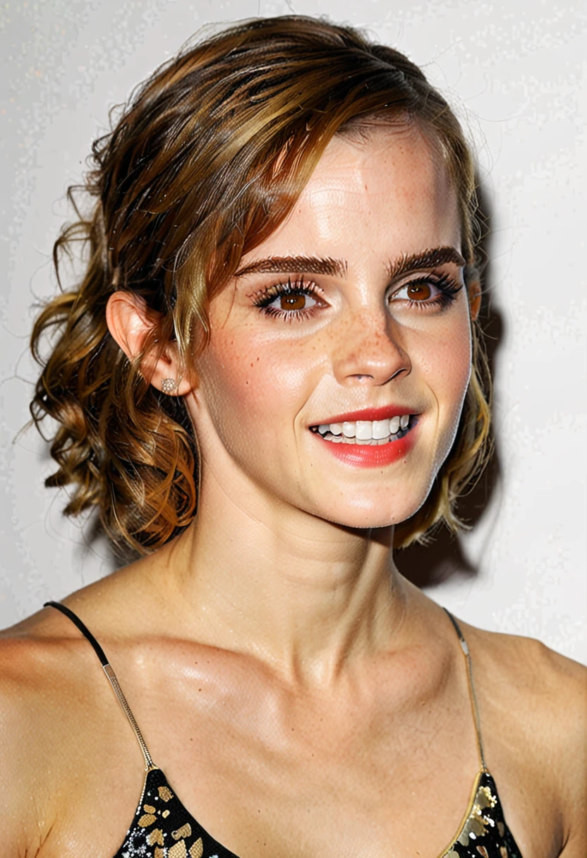 hyperdetailed sexy photography of Emma Watson, long white blonde messi hair, happy, laughing, eyes open, perfect eyes, vintage style, masterpiece, best quality,highly detailed, very detailed skin texture,  (looking at viewer:1.4), full body,  blank background, 
 