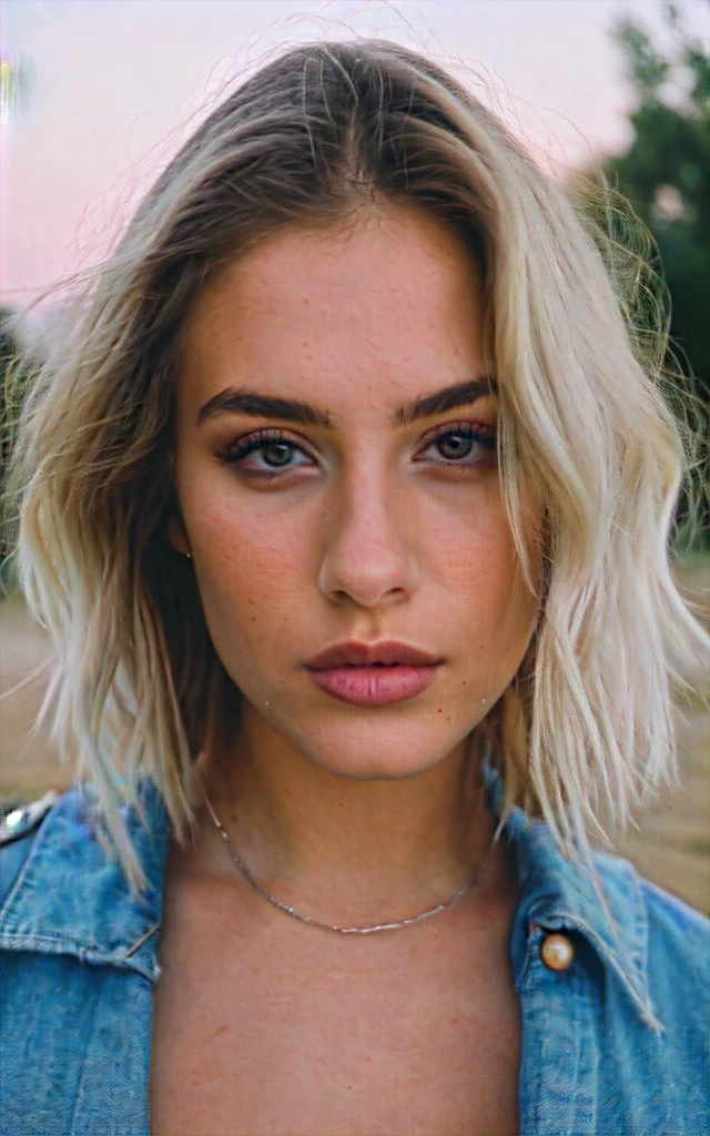 a beautiful 20-year-old woman, PLATINUM BLONDE, girl next door, baggy clothes, makeup, lips,, night, messy hair, film grain, retro, Porta 160 color, shot on ARRI ALEXA 65, sharp focus on subject, Fujifilm XT-3 slim body