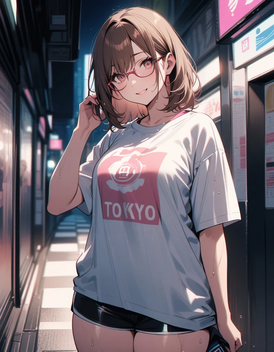so beautiful, Beautiful Eyes, Highest quality, Very detailed, Intricate details, One Girl ,Short brown hair, Brown eyes, Thick thighs, Wet oversize T-shirt, Shorts, 、good looking, Medium Hair, Brown Hair, Pink highlights on the tip, Pale pink eyes,smile、Wear glasses、Tokyo