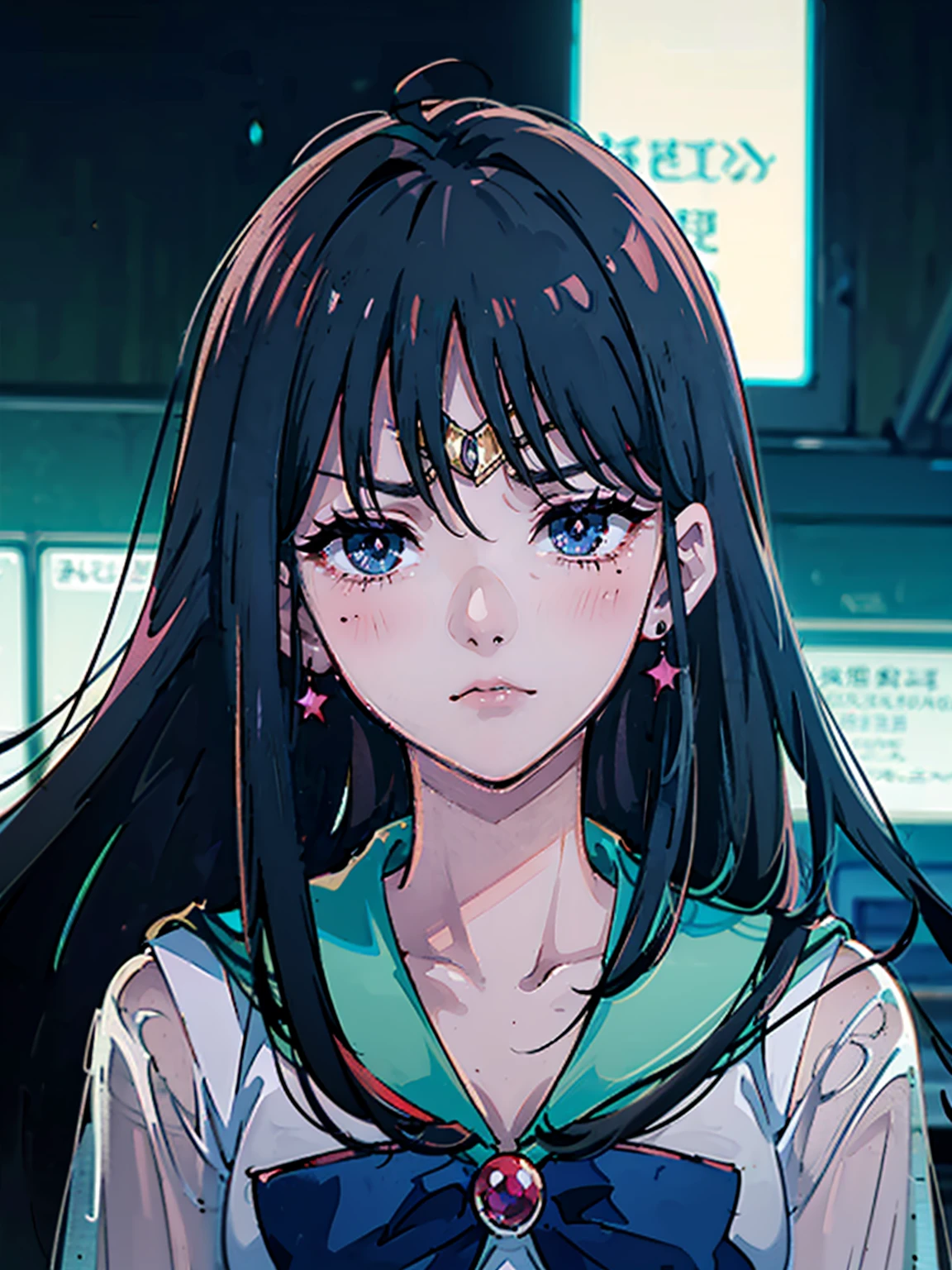 dark, masterpiece, Highest quality, 8K、Sailor Mars Red Collar, (Unhealthy face:1.9, Dark Eyes:1.5, Dark circles under the eyes, Yandere:1.5, Unhappy face, Lifeless face), Long hair in the eyes, Long Bangs, Eyes through the bangs, Big eyes, Turquoise Eyes, Bust Shot, Dark atmosphere