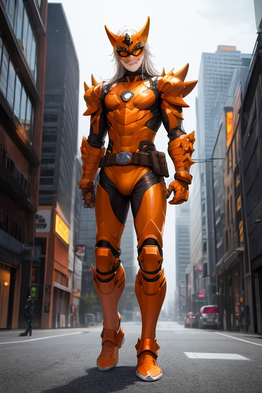 ((best quality)), ((masterpiece)), (detailed), 1 man, full body, 54 years old, senior citizen, masked, eye mask, orange mask that covers half of his face, spiked mask, evil smile, metallic goblin ears, cat eyes, glasses, somewhat long white hair coming out of the top, face, brown neck, tall, very thin, hunched over, metal claws like blades, spikes on his forearms, brown details, brown fingerless gloves, orange wristbands, orange nanotech suit that resembles light armor, orange chest with an emblem, high shoulder pads, orange suit with brown stripes, brown stripes, triangle emblem on his chest, orange emblem, orange pants, orange knee pads, metallic orange boots, metallic orange shoes, brown superhero belt, standing on a building, city background, anime