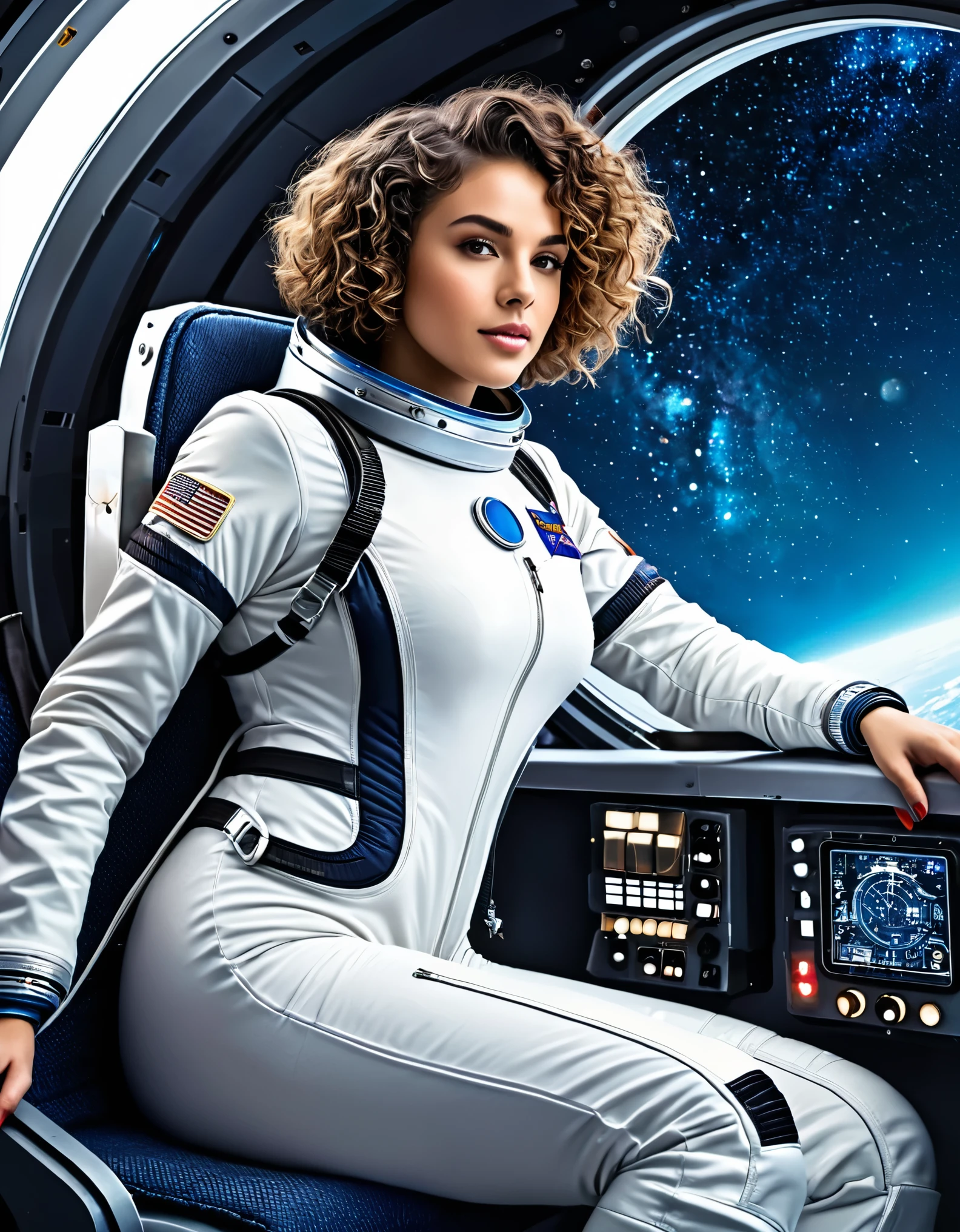 A woman with short curly hair, dressed in a space suit, sitting in a futuristic spaceship with a view of the galaxy outside.