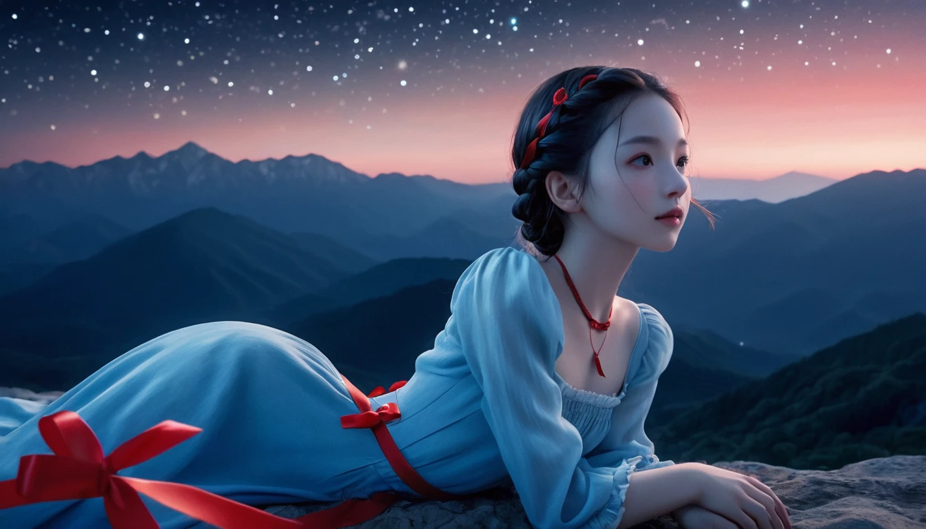 Under the mysterious night sky, a girl in a light blue one-piece dress with a red ribbon on her braid comes down slowly, lying down from above in the sky. A faint glow spreads from the tip of the necklace around her neck. In the background is a starry sky and distant mountains, creating a fantastic atmosphere.