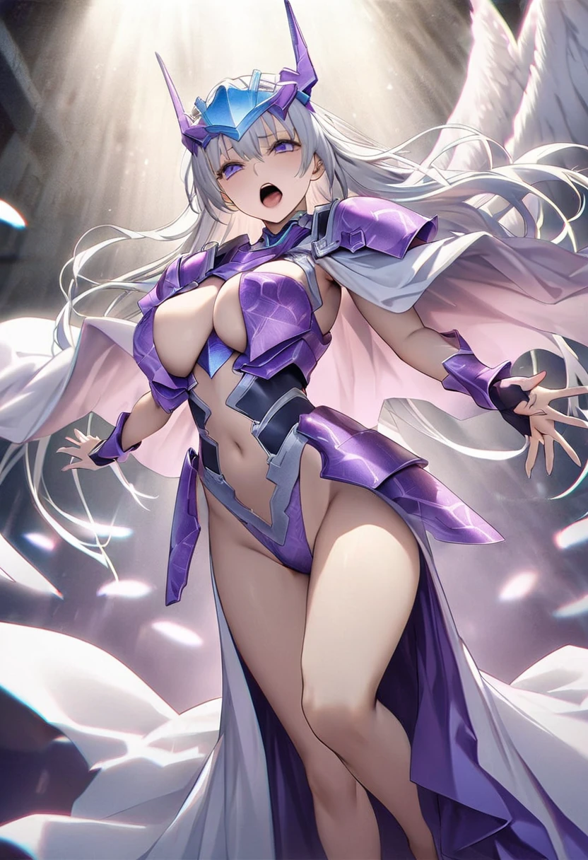 masterpiece、Highest quality、Ultra-high resolution、Maximum resolution、Very detailed、Professional Lighting、anime、Adult female、thin、so beautiful、Screaming face、Brave Face、Open your mouth、White and purple enamel high leg leotard、Purple pattern、((Cyber Armor))、foot armor、Shiny Armor、White decoration、Cyber Headgear、Skin is visible from the shoulders、Blue Earrings、Silver Hair、Long Hair、Purple Ideam Breast、Pink Lips、White Cape、Angel Wings、Dynamic pose、Moving Pictures、Long skirt with front opening、Raise your arms and cross them above your head、Light radiates from the hands、Legs do not bend