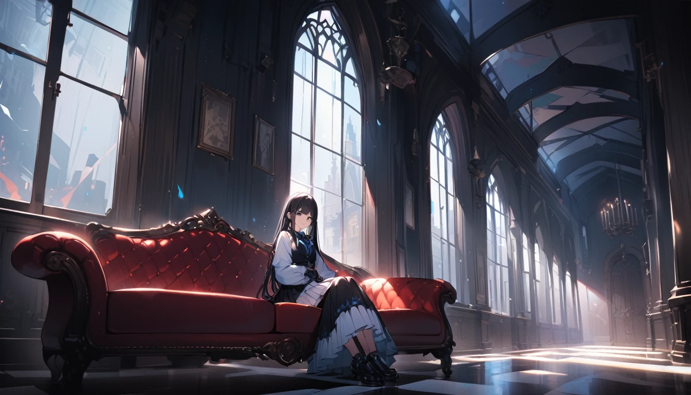 BREAK 1 girl, long hair, black hair, straight hair, short bangs above brows, blue eyes, expressionness, open mouth, looking at viewer, 
BREAK (masterpiece), (high resolution 8K), cinematic lighting, professional lighting, detailed eyes and face, detailed body, 
BREAK white shirt, blue bowtie, pleated skirt,  
BREAK very wide, panorama view, sense of depth, shot from front, 
BREAK horizontal view, gothic room, sittinng on the gothic sofa, black sofa, dark room, large clock, spooky, dark intense shadows, deep dark, gothic, black and white window, chessboard floor, 